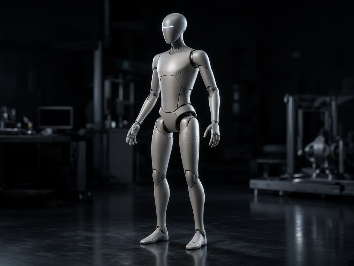 Humanoid standing in a dark lab